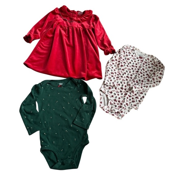 Carter's Other - Bundle 24M Baby Girl 3 PC Set Red Velour Dress Floral Green Onesie Bodysuit